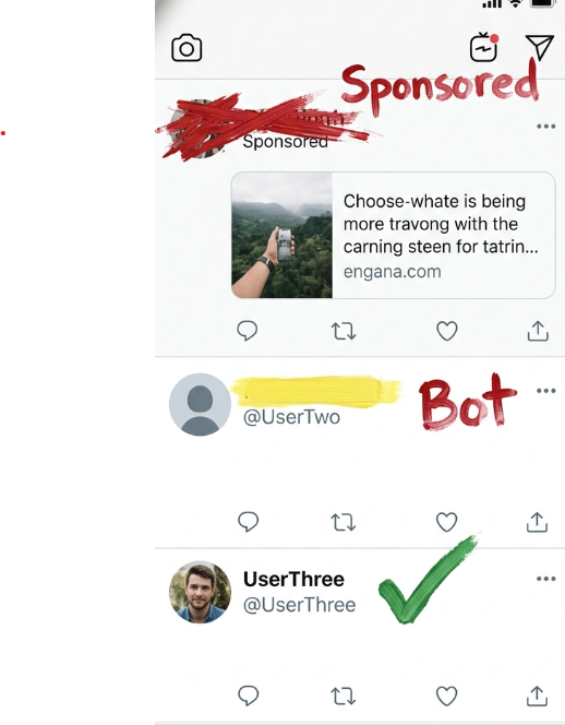Social feed marked to identify sponsored content, a bot account, and a trusted post